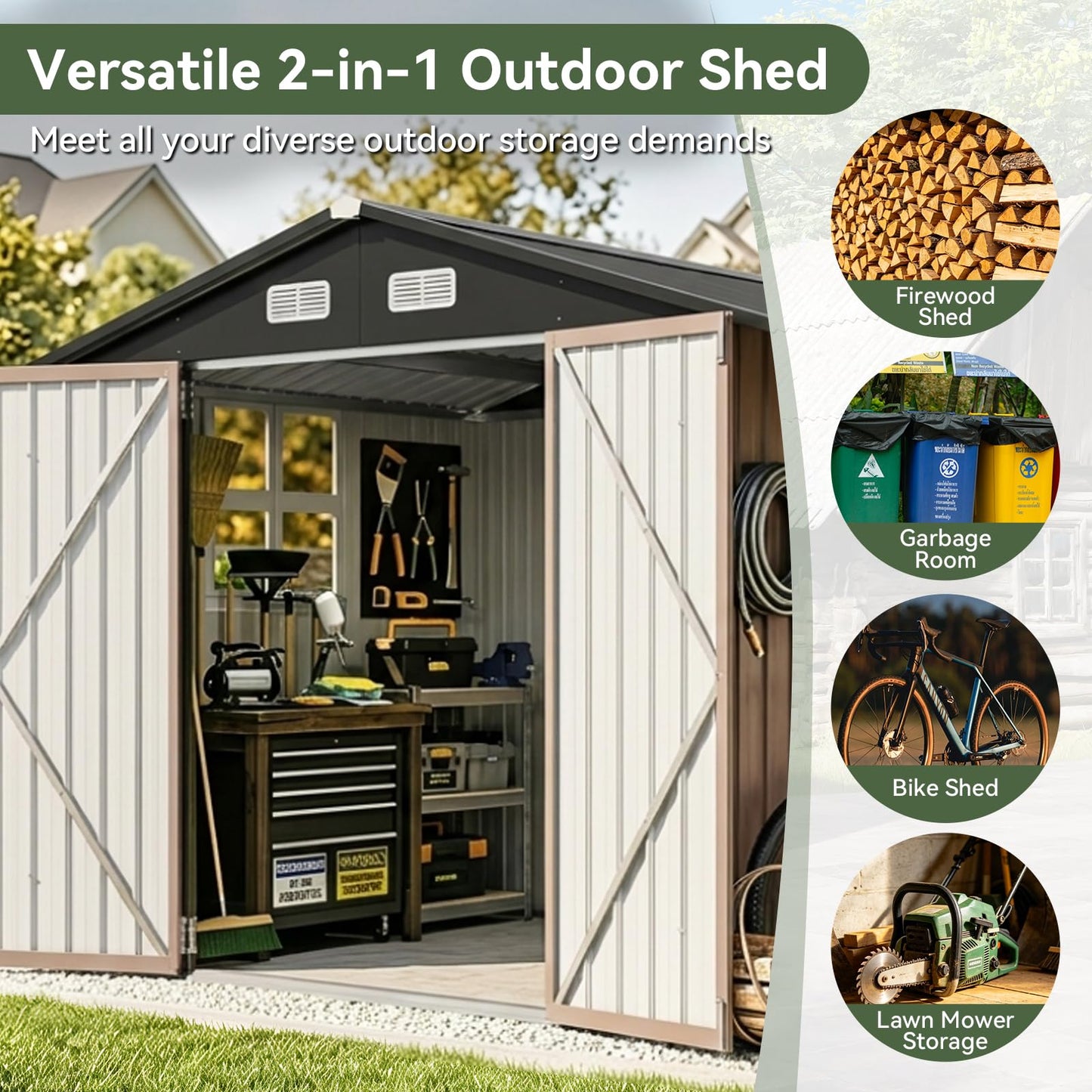 Aoxun 6x10 FT Outdoor Storage Shed with Open Firewood Storage,Galvanized Steel Garden Shed with Lockable Doors,Sloped Roof,Windows, 2 in 1 Large Metal Tool Shed for Patio, Backyard, Lawn (Brown)