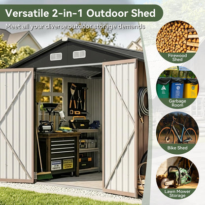 Aoxun 6x10 FT Outdoor Storage Shed with Open Firewood Storage,Galvanized Steel Garden Shed with Lockable Doors,Sloped Roof,Windows, 2 in 1 Large Metal Tool Shed for Patio, Backyard, Lawn (Brown)