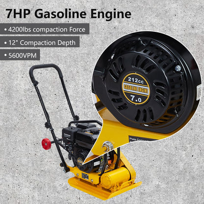 GarveeHome 7HP Plate Compactor Rammer, 212CC Gas Engine, 4200lbs Vibratory Compaction Tamper, 22.1x15.9 in Plate Force Rammer, 5600 VPM Pavement Compactor, Jumping Jack Tamper for Walkways, Paving