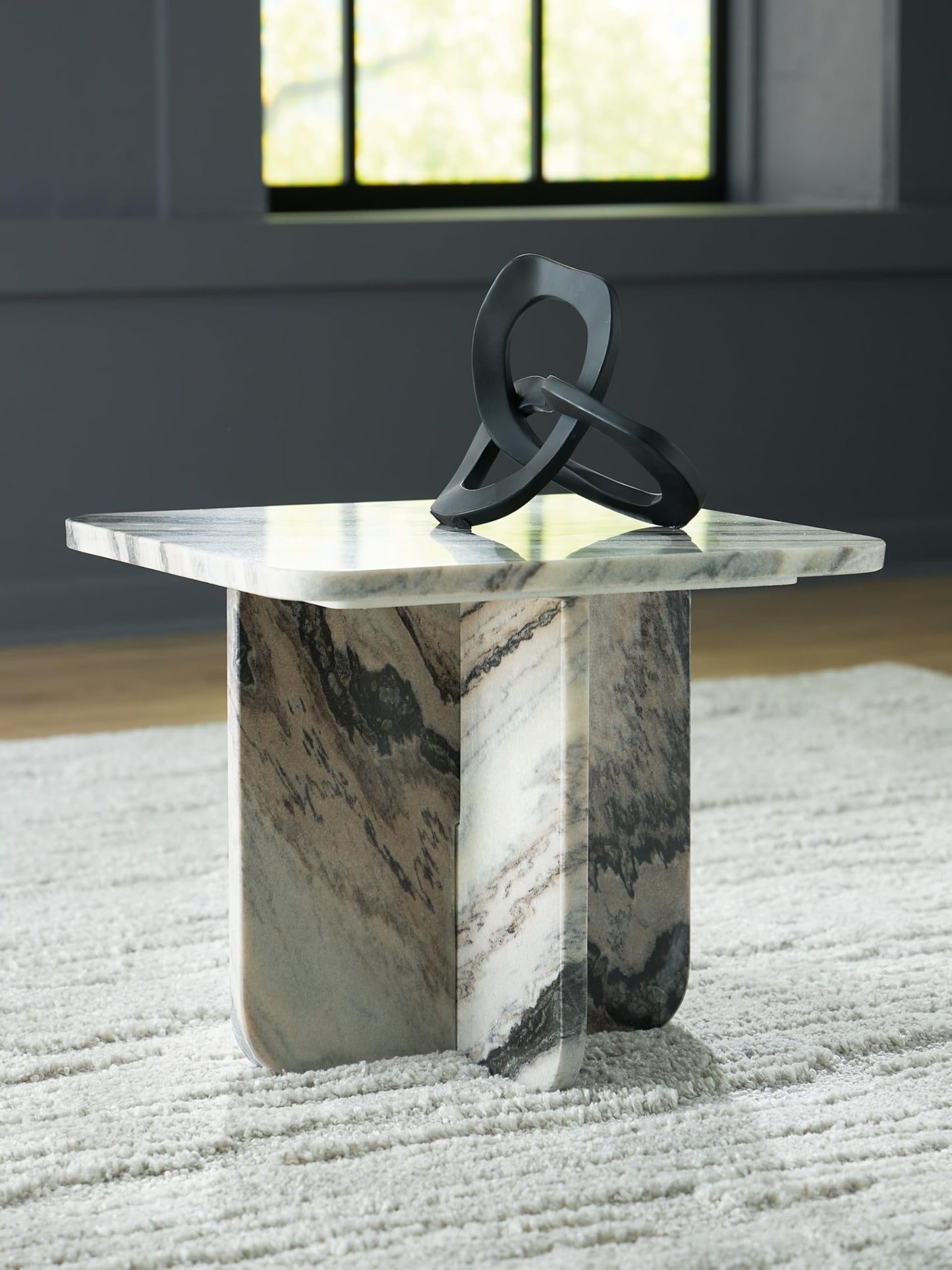 Signature Design by Ashley Baretton Contemporary Marble Accent Coffee Table with Cross Pedestal Base, Neutral Palette, Sculptural, Artful, Top to Floor 14.38", Black, White and Taupe Tones