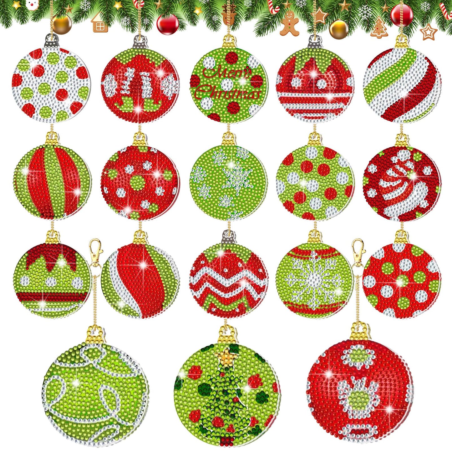 Cunno 18 Pcs Christmas Diamond Art Ornaments Lime Green and Red 5D Diamond Painting Kits Tree Decorations DIY Keychain Double Side Art Christmas Ornaments Xmas Hanging for Tree Adults Family Craft