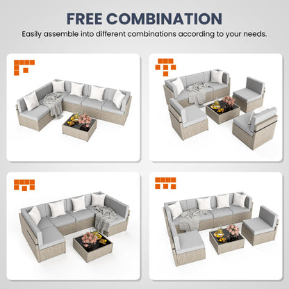 Pamapic 7-Piece Outdoor Sectional Furniture Set, All-Weather Wicker Patio Sofa with Washable Cushions, Gray Waterproof Rattan Conversation Set for Backyard, Poolside, Garden (Gray Cushions)