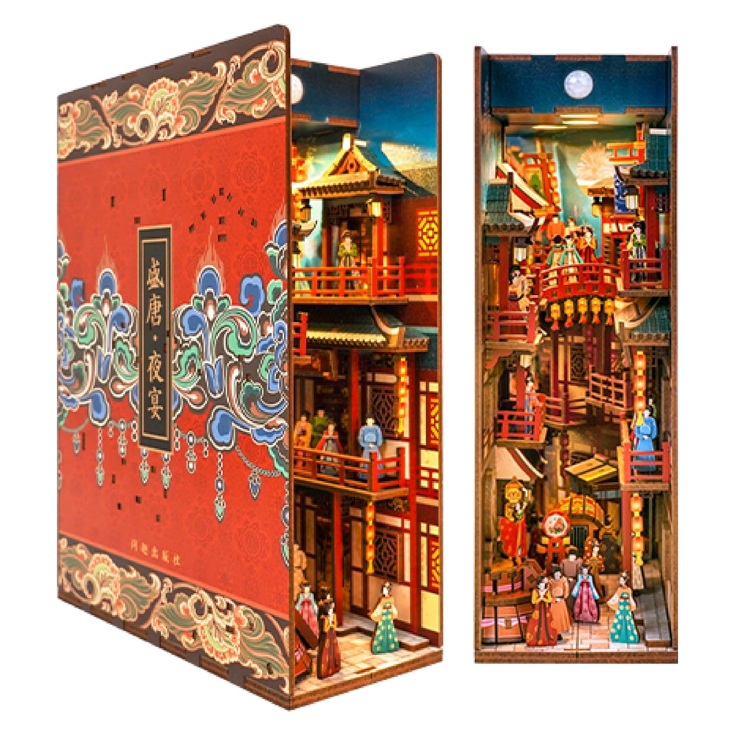Tonecheer DIY Book Nook Kit for Adults, 3D Wooden Puzzle Bookend Bookshelf Insert Decor, Chinese Booknook Miniature House Kit with Body Motion Sensor LED Light (The Banquet of Tang Dynasty)