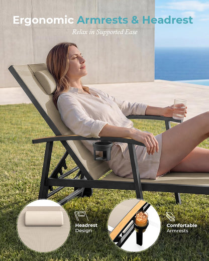 Ciokea Outdoor Lounge Chair with Pillow Set of 2, 5-Position Aluminum Chaise Lounge with Wheels & Armrests, 400 lbs Heavy Duty Patio Pool Chair for Backyard, Deck, Beach & Poolside, Khaki