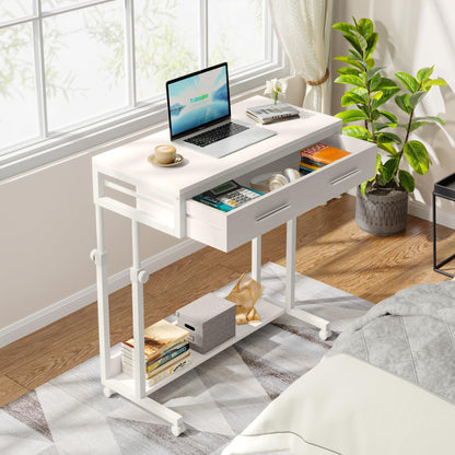 Tribesigns Portable Desk with Drawers, Mobile Laptop Desk with Wheels, Sofa Side Table Bed Desks, Small Standing Desk for Home Office (White)