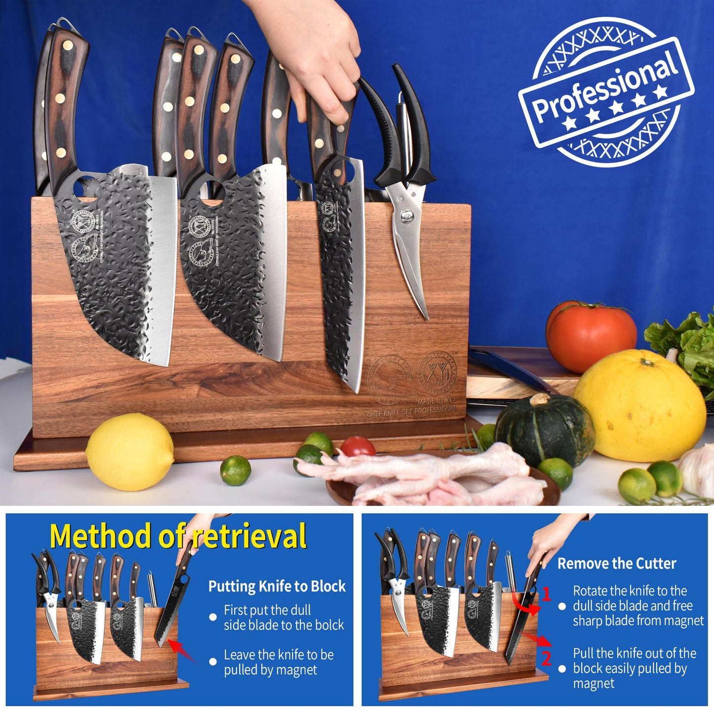 XYJ Authentic Since 1986, Magnetic Knife Block, Double Side Kitchen Knife Stand, Acacia Wood, Magnetic Knife Holder with Strong Enhanced Magnets,Knives Storage Rack Stand for Home Kitchen