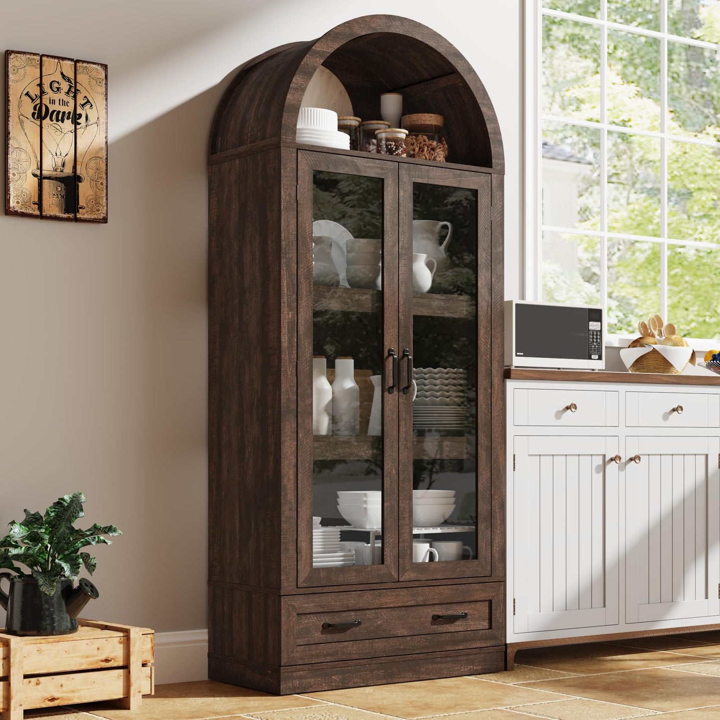 75" Tall Arched Kitchen Pantry Cabinet w Load-Bearing Steel Pipe,Modern Farmhouse Kitchens Storage Cabinet with Drawer and Glass Doors,Tall Arched Bookcase,Pantry Organizer(Rustic Brown)