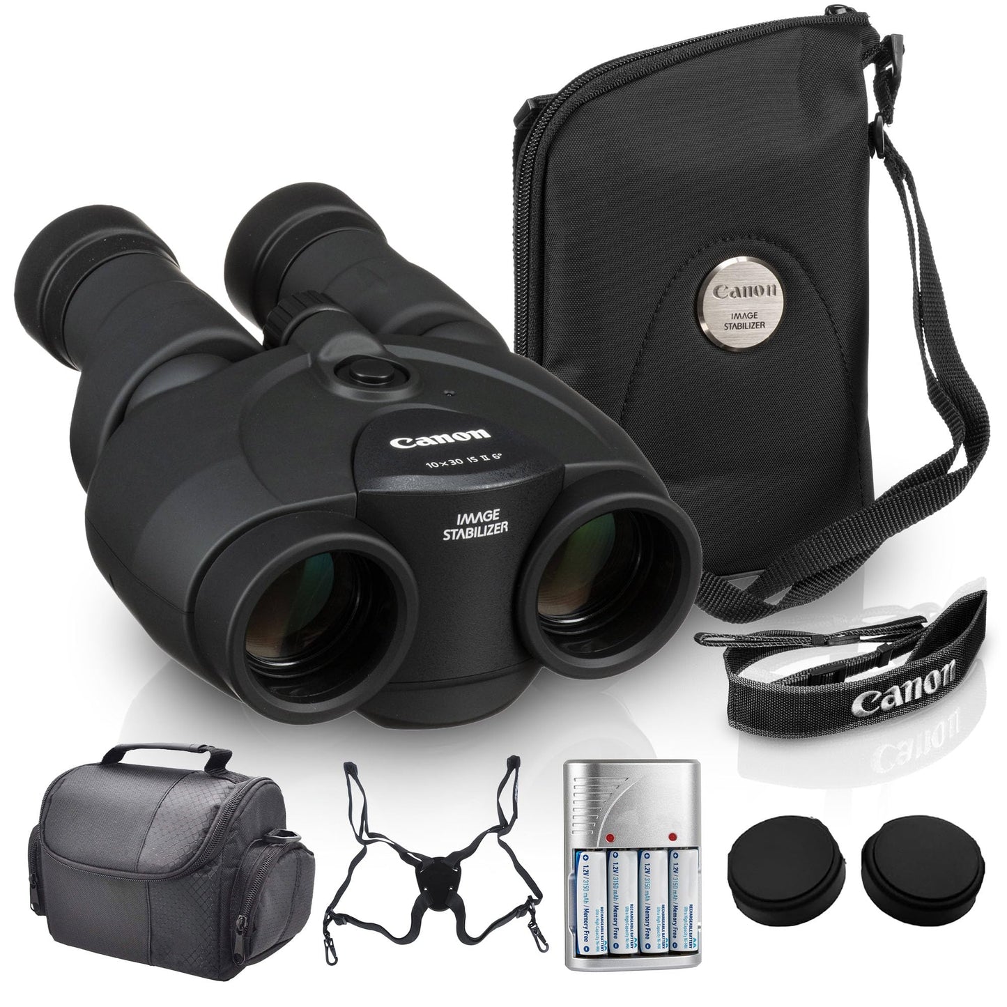 Canon 10x30 is II Image Stabilized Binoculars Bundle | 10x Magnification with Optical Image Stabilization, Sharp Optics & Lightweight Design | for Travel & Birdwatching (9525B002) + Harness + More