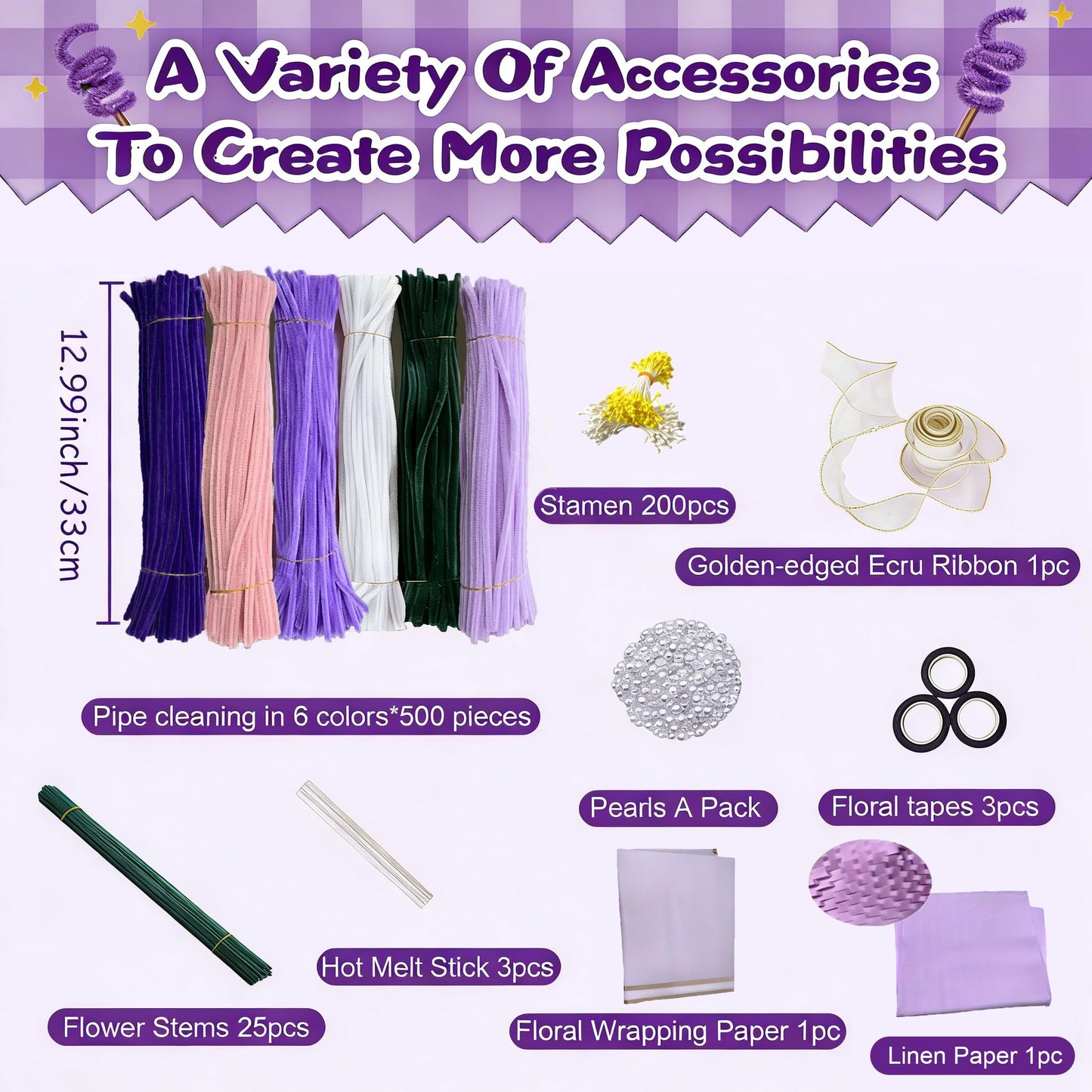 ZFTFZ Purple DIY Pipe Cleaners Bluk Craft - 500pcs Chenille Stems (6 Colors), 25 Floral Stems & Stamen - Includes Mesh, Wrapping Paper & Gift Box for Handmade Rose/Tulip Art