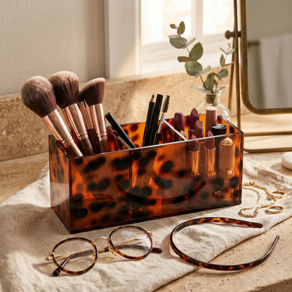 Novabright Acrylic Tortoise Tray Makeup Brush Organizer Tortoise Shell Acrylic Pen Holder Pencil Organizer Clear Cosmetic Brushes Storage with 3 Slots