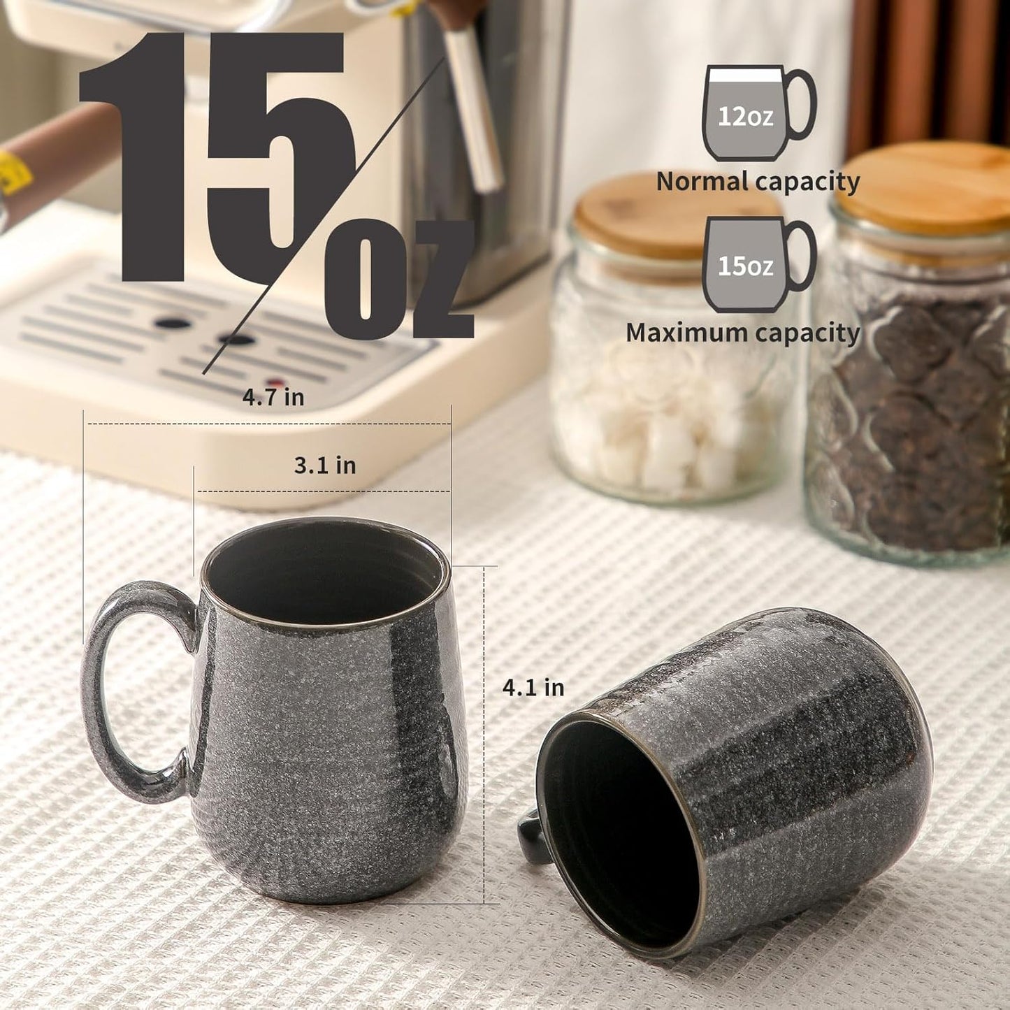 15 OZ Set 6 HASENSE Ceramic Coffee Mugs - Large Coffee Cups of with Handle for Hot Beverages, Porcelain Latte Mugs