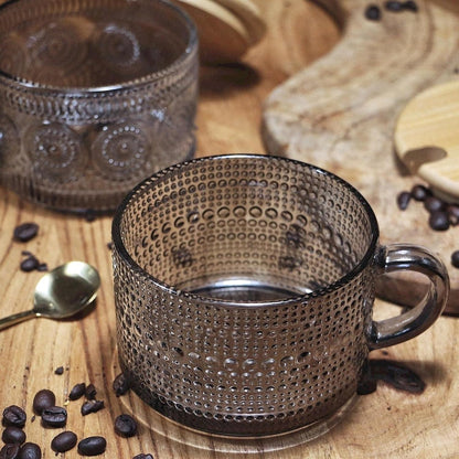 14 Oz Set 2 Vintage Glass Coffee Mugs, of Embossed Glassware Tea Cups for Breakfast, Dessert, Cappuccino, Latte