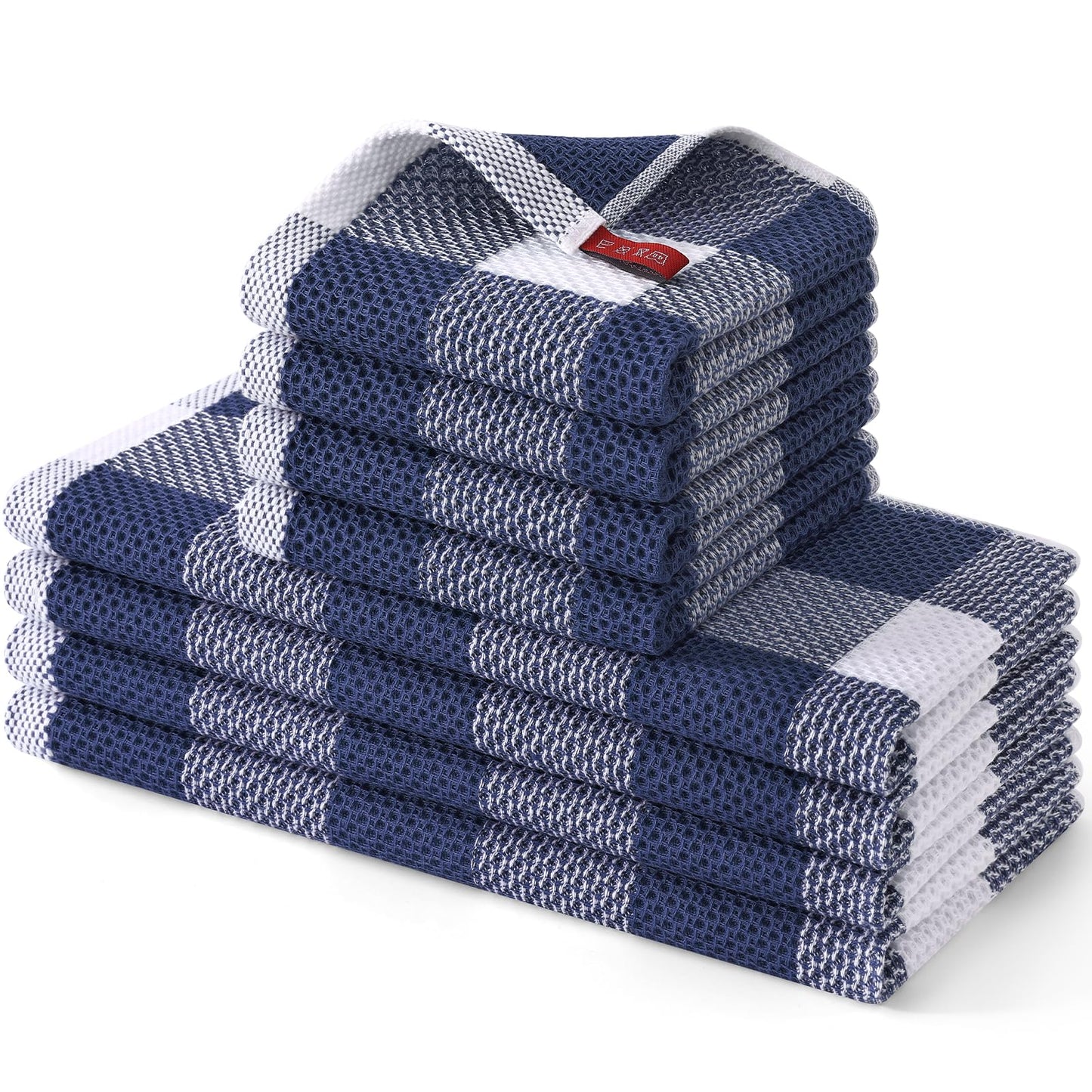 Homaxy Kitchen Towels and Dishcloths Set, 12 x 12 and 13 x 28 Inches, Set of 8 100% Cotton Waffle Weave Check Plaid Kitchen Dish Towels, Super Soft and Absorbent Dish Cloths, White & Navy Blue