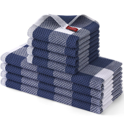 Homaxy Kitchen Towels and Dishcloths Set, 12 x 12 and 13 x 28 Inches, Set of 8 100% Cotton Waffle Weave Check Plaid Kitchen Dish Towels, Super Soft and Absorbent Dish Cloths, White & Navy Blue