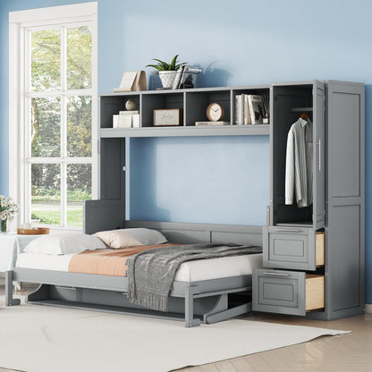 Ball & Cast Full Size Murphy Bed with Closet and 2 Drawers,Hidden Wall Bed with Storage Shelves,Multifunctional Foldable Platform Bed Frame for Samll Space,Bedroom,Guest Room,Easy Assembly,Gray