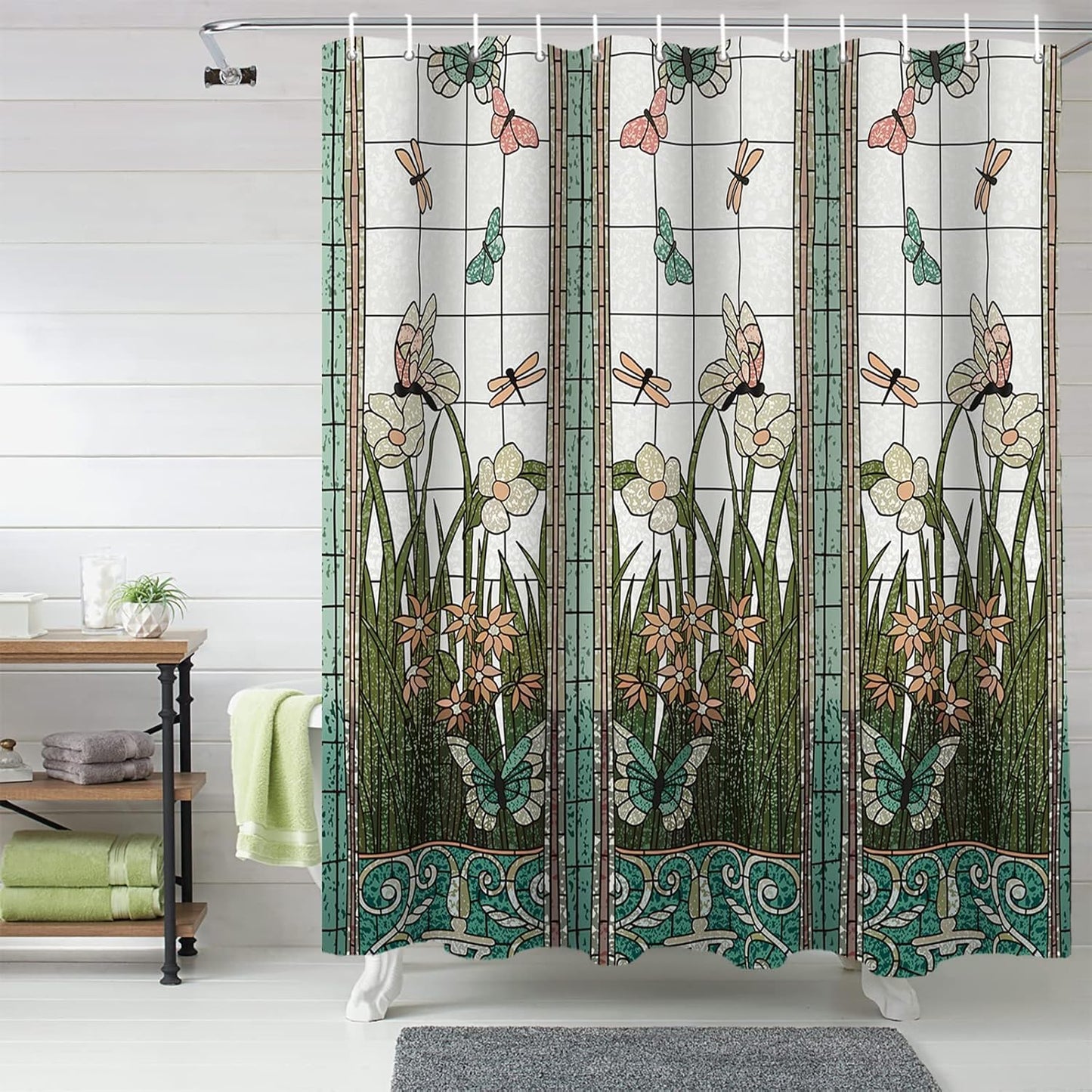 Extra Long Flower Dragonfly Waterproof Bathroom Fabric Shower Curtain 84 inch Bath Curtain