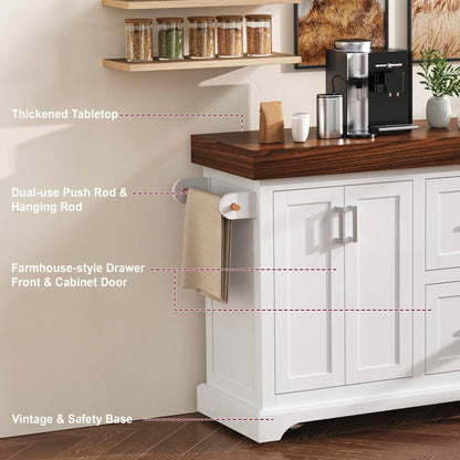 Trygoal 53" Large Kitchen Island with Ultra-Thick 3.5" Countertop, Heavy-Duty Rolling Storage Cart on 5 Wheels, 2 Extra-Large Drawers, Adjustable Cabinet Shelf, for Kitchen, White