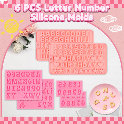 6PCS Chocolate Molds, Letters Numbers Silicone Chocolate Molds Reusable Alphabet Candy Molds with Happy Birthday Heart Shaped for Baking Desserts and Strawberries, Candy, Cake Decoration
