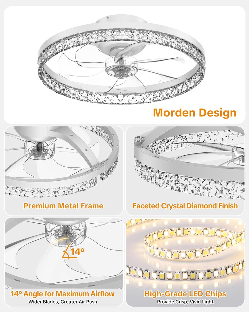 Aphyni Ceiling Fans with Lights and Remote Low Profile Flush Mount LED Ceiling Fan with Lights 3000K-6500K Dimmable Foldable Fandelier Light 6 Wind Speeds Night Light for Bedroom Living Room White