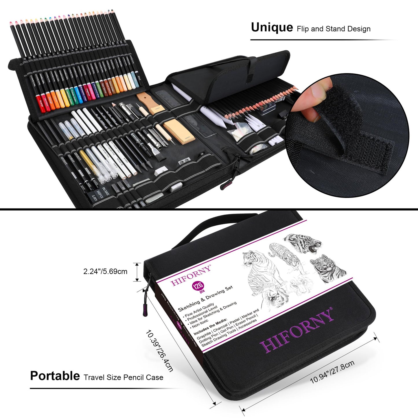 HIFORNY 126 PCS Drawing Kit Sketching Pencil Set,Sketch Pencils Art Supplies with 3-Color Sketchbook,Graphite,Charcoal,Blending Tools,Drawing Pencils for Adults Artists in Zipper Case