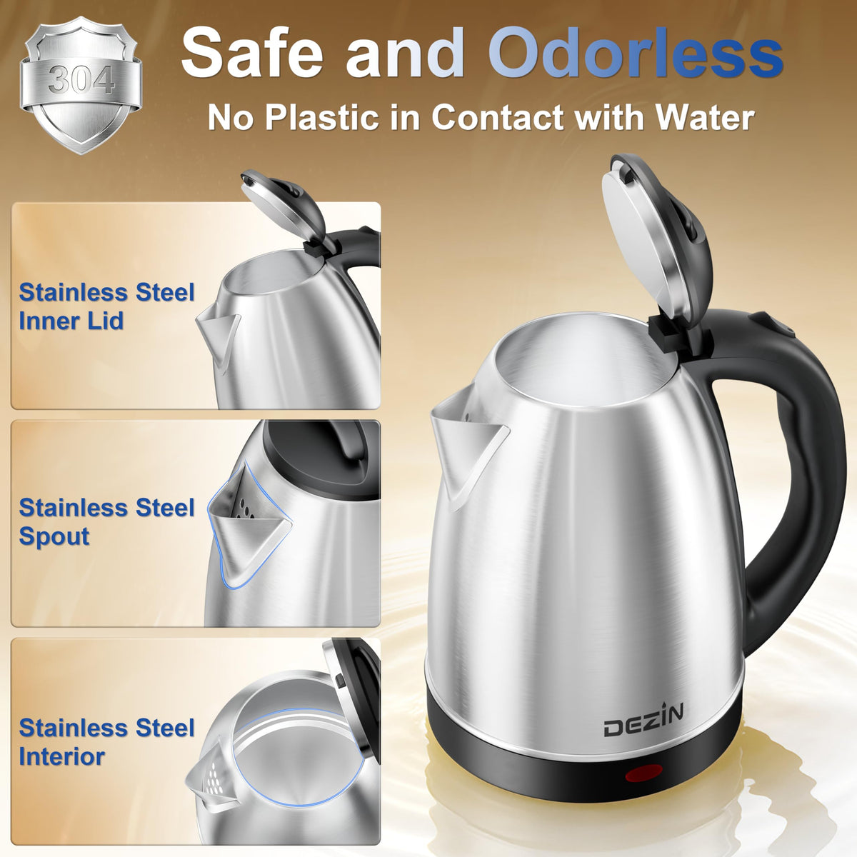 DEZIN Electric Kettle Upgraded, BPA Free 2L Stainless Steel Tea Kettle, Fast Boil Water Warmer with Auto Shut Off and Boil Dry Protection Tech for Coffee, Tea, Beverages
