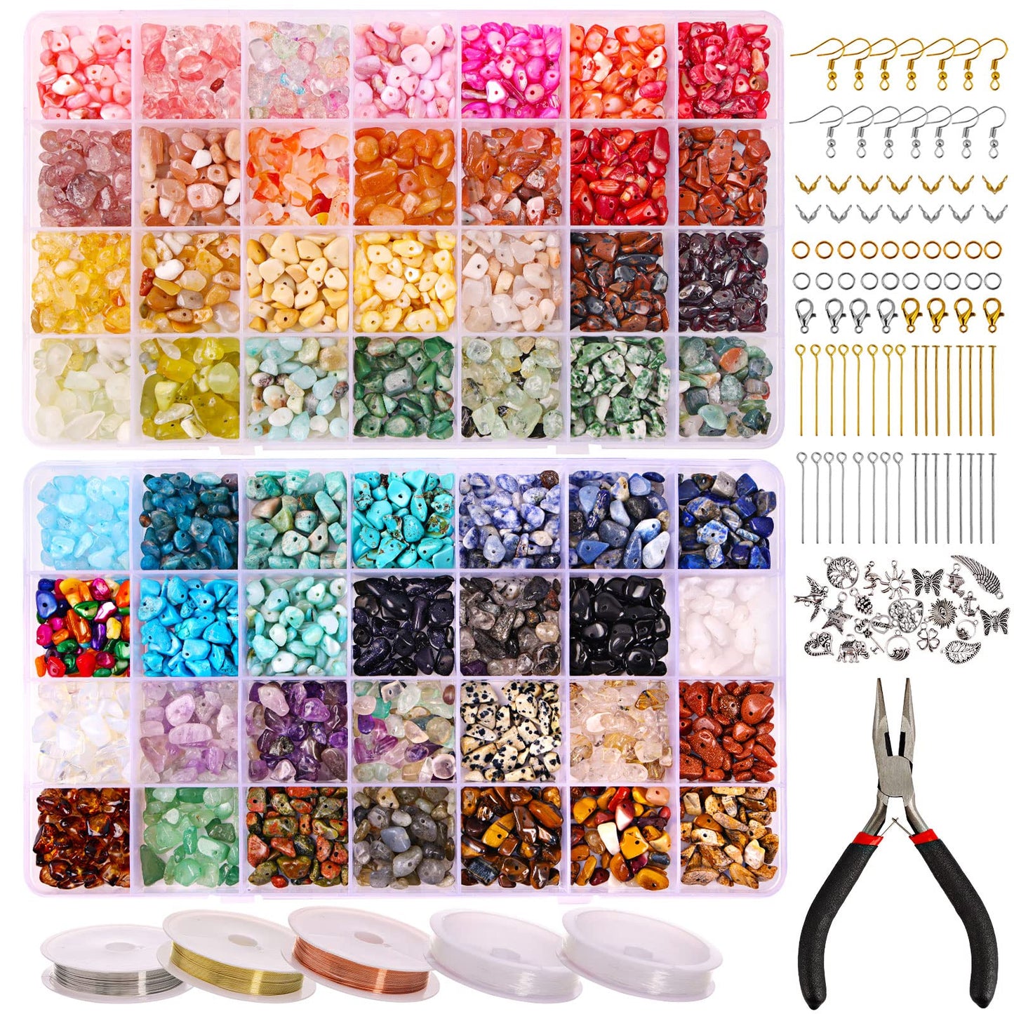 QUEFE Jewelry Making Supplies Kit 1800pcs 56 Colors Crystal Beads, Bracelet Making Kit Gemstone Chip Beads Irregular Natural Stone Jewelry Pliers, Beading Wire, Earring Hooks, Rings for DIY Crafter