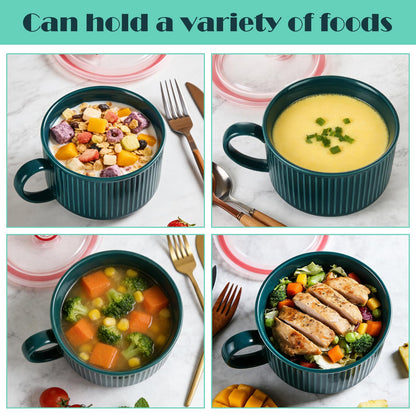 ASelected 2PCS Soup Bowls with Handles, 3.6×7.1Inch Ceramic Bowl with Lid, Blue, Dark Green Soup Mugs with Handles, Microwave Soup Mug with Lid for Soup, Noodles, Oatmeal