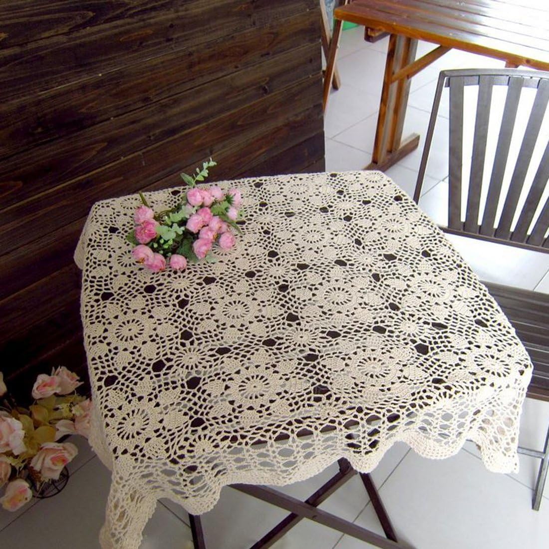 Hsvanyr 39inches Beige Tablecloth, Handmade Crochet Cotton Square Coffee Table Cover
