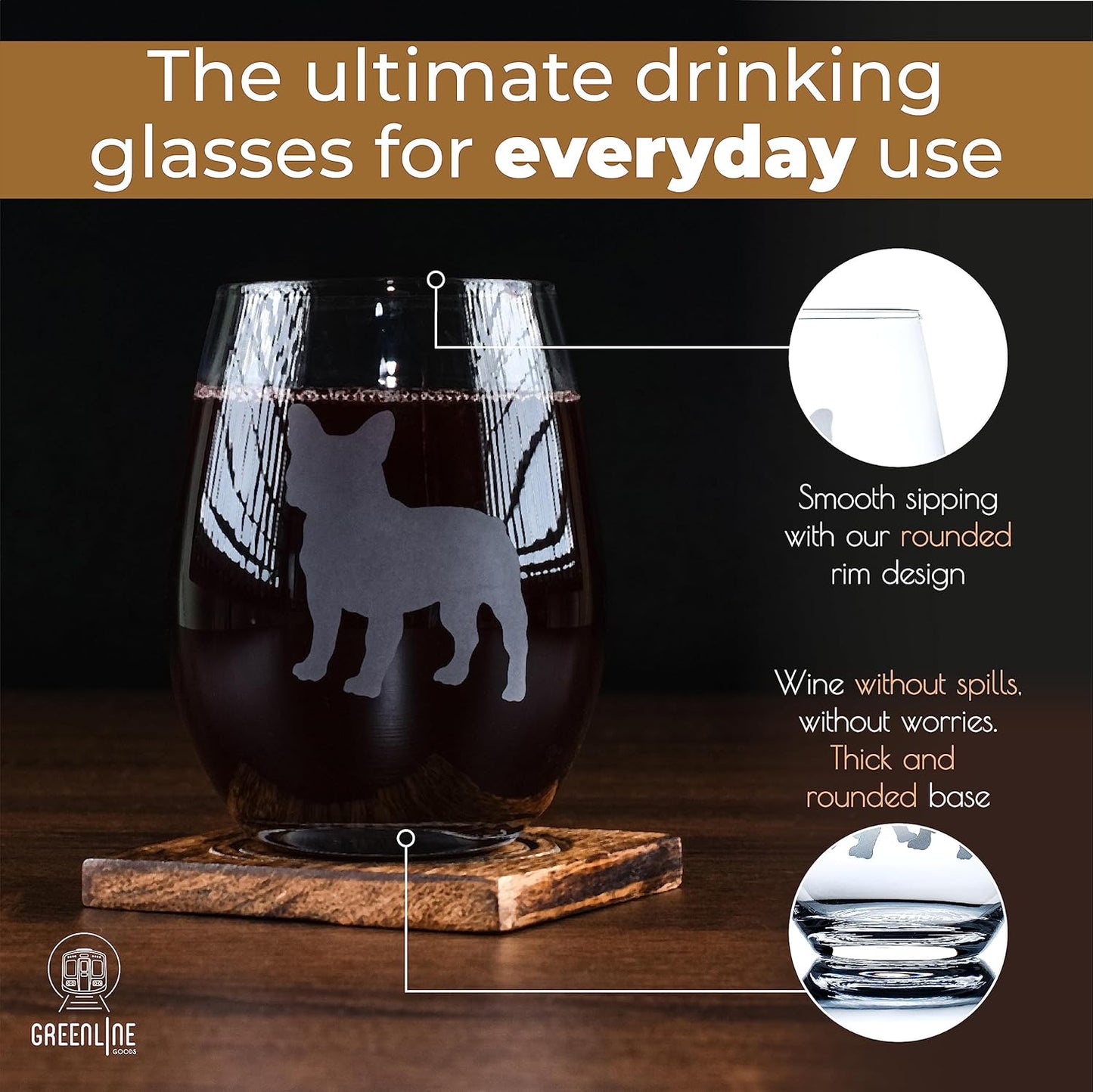Greenline Goods French Bulldog Stemless Wine Glasses - Hand Etched 2-Sided Silhouette with Breed Name for Dog Lovers