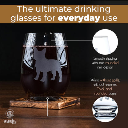 Greenline Goods French Bulldog Stemless Wine Glasses - Hand Etched 2-Sided Silhouette with Breed Name for Dog Lovers