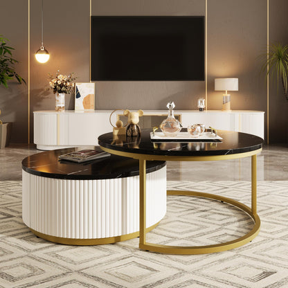 Ball & Cast Round Coffee Table Set of 2,Nesting Desk with Drawers,Smooth Durable Marble Tabletop and Fluted Design,Easy Care & Stain Resistance 31.5" for Bedroom,Living Room,Black & Gold