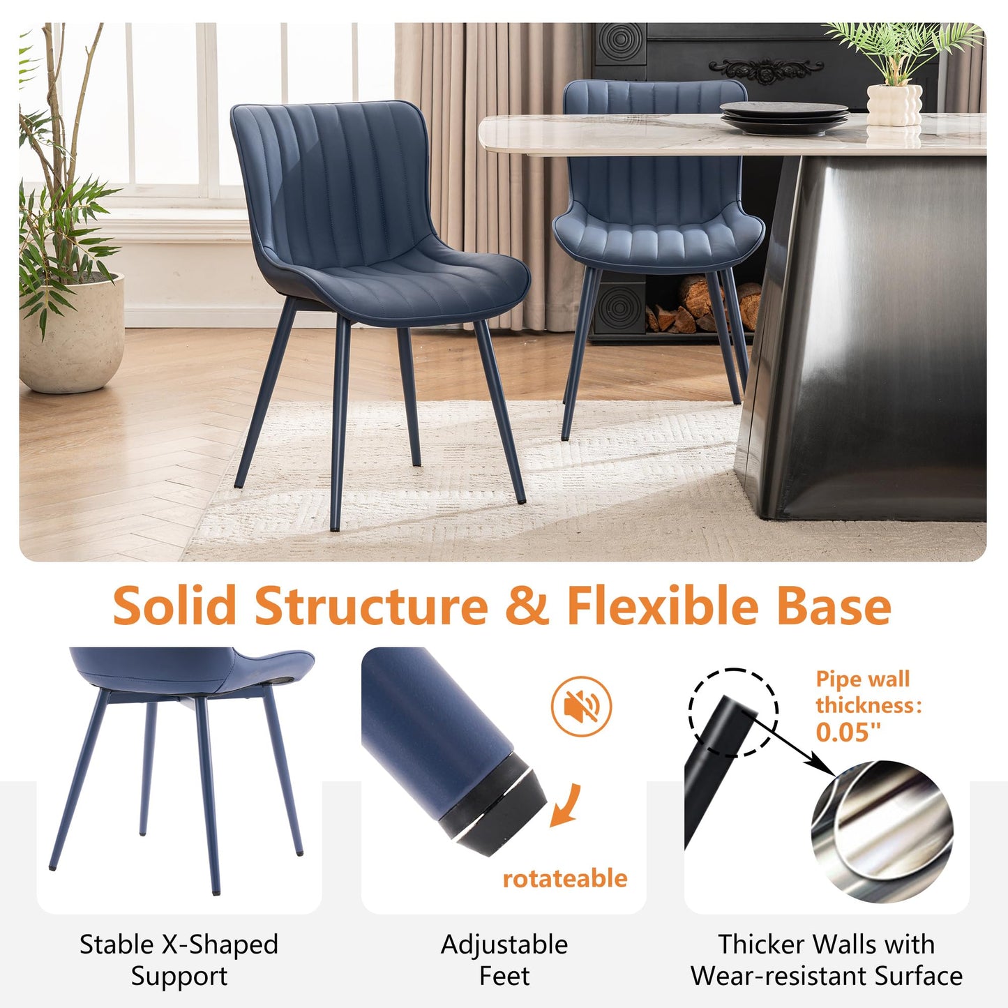 YOUNUOKE Mid-Century Modern Dining Chairs Set of 2, Navy Blue PU Leather Upholstered Kitchen Chairs with Navy Blue Metal Legs, Armless Accent Chair for Dining Room, Guest Reception Room