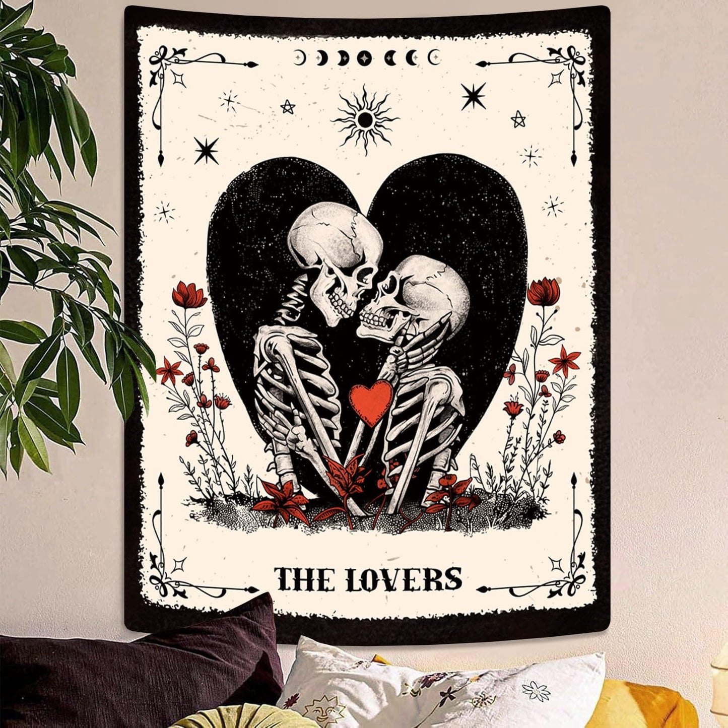 ARTCREATOR The Lovers Skull Tapestry Wall Hanging Black and White Skeleton Tapestries Vertical Witchy Gothic Wall Bedroom Decor for Living Room Bedroom (59" x 78")