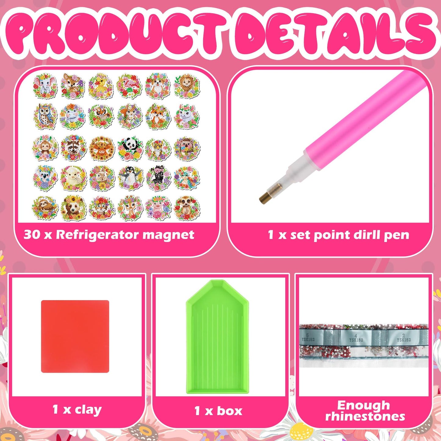 Xuhal 30 Pcs Spring Animal Diamond Painting Magnet Flower Animal Diamond Art Magnet Kits for Adults Floral Wreath Elephant Refrigerator Magnetic Sticker 5D Rhinestone Fridge Sticker for DIY Craft Gift
