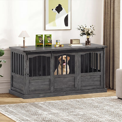 Homiflex 72" Double Dog Crate Furniture for 2 Medium Large Dogs Wooden Heavy Duty Dog Kennel Furniture with 2 Sliding Doors and Divider Decorative Dog Cage TV Stand End Table for Indoor, Grey