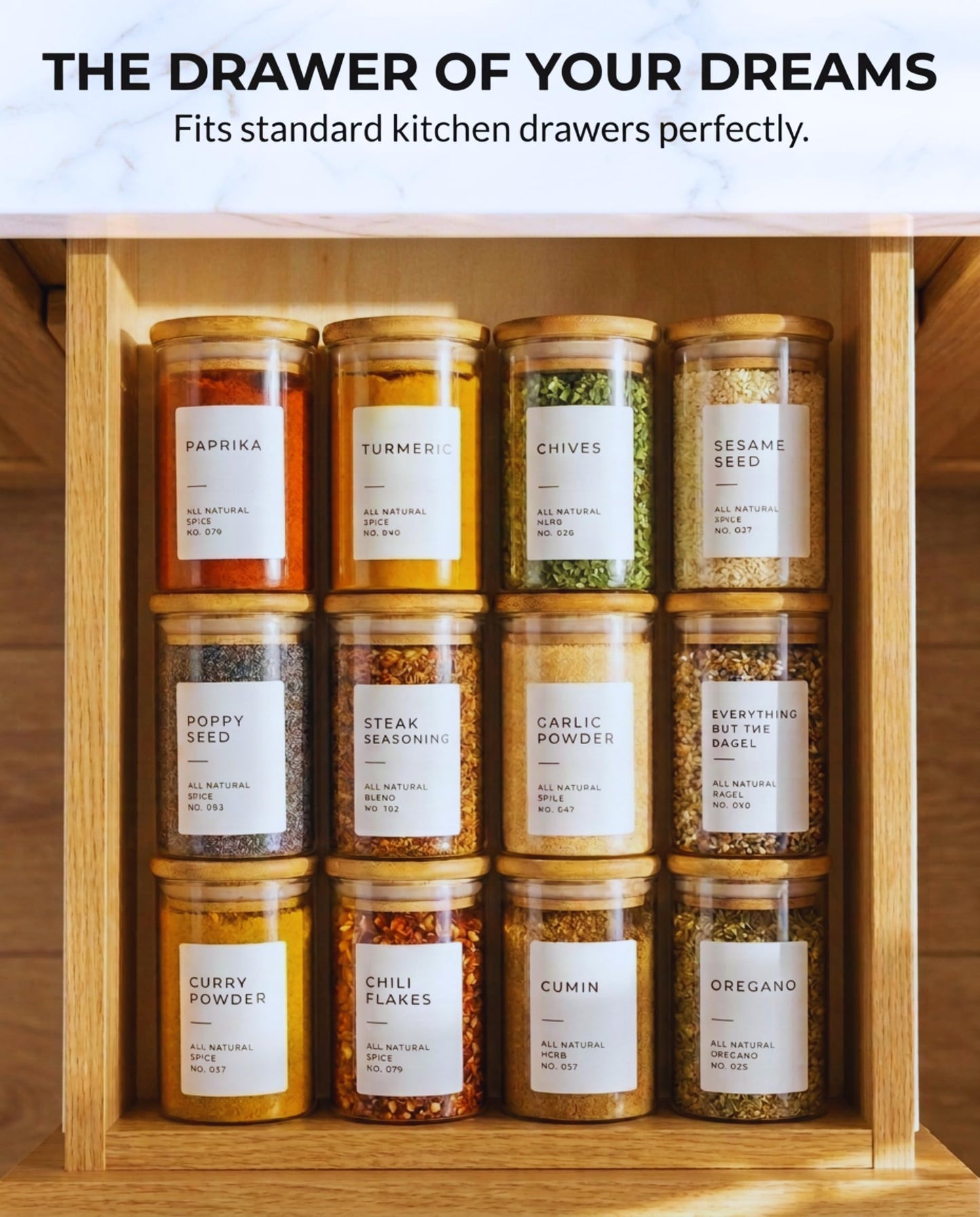 Bloomondo Empty Spice Jars with Label Pack (12x Bamboo Lid Glass Jar). Small 6oz Spice Storage Bottles with 112 Printed Stickers and 48 Writable Pantry Labels for Seasoning Containers