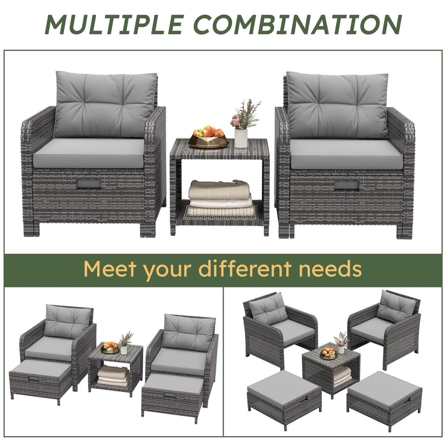 LHBcraft Balcony Furniture 5 Piece Patio Chairs Conversation Set, PE Wicker Rattan Outdoor Lounge Chairs with Soft Cushions 2 Ottoman-Glass Table for Porch, Charcoal