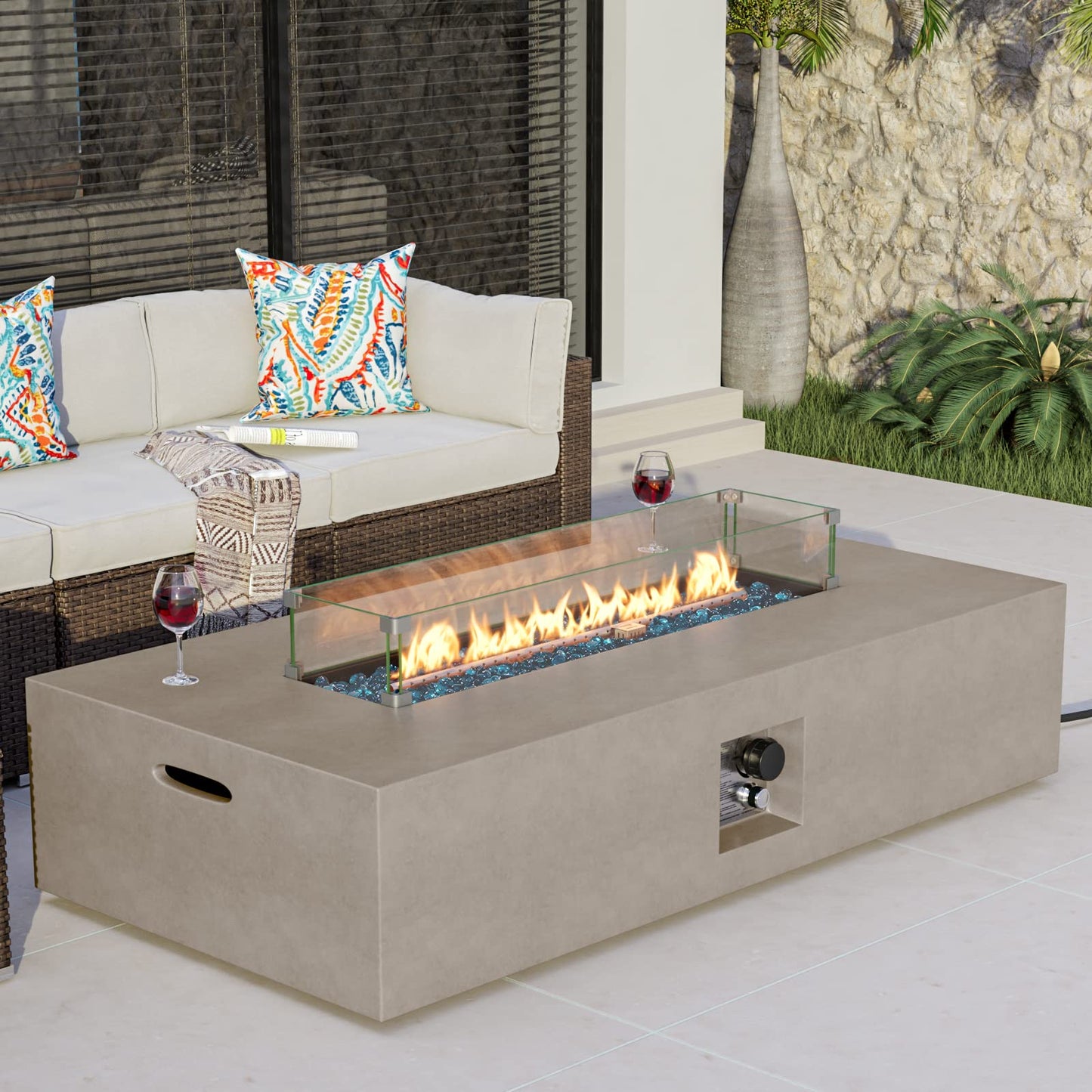 COSIEST Outdoor Propane Fire Pit Table, 56-inch x 28-inch Rectangle Gray Concrete-Like Finish, Certified, 50,000 BTU Stainless Steel Burner w Blue Fire Glass, Wind Guard, Raincover