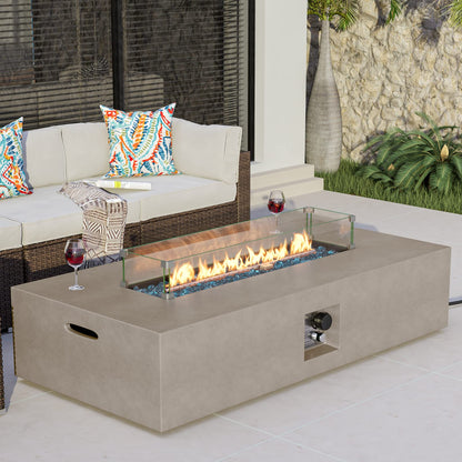COSIEST Outdoor Propane Fire Pit Table, 56-inch x 28-inch Rectangle Gray Concrete-Like Finish, Certified, 50,000 BTU Stainless Steel Burner w Blue Fire Glass, Wind Guard, Raincover