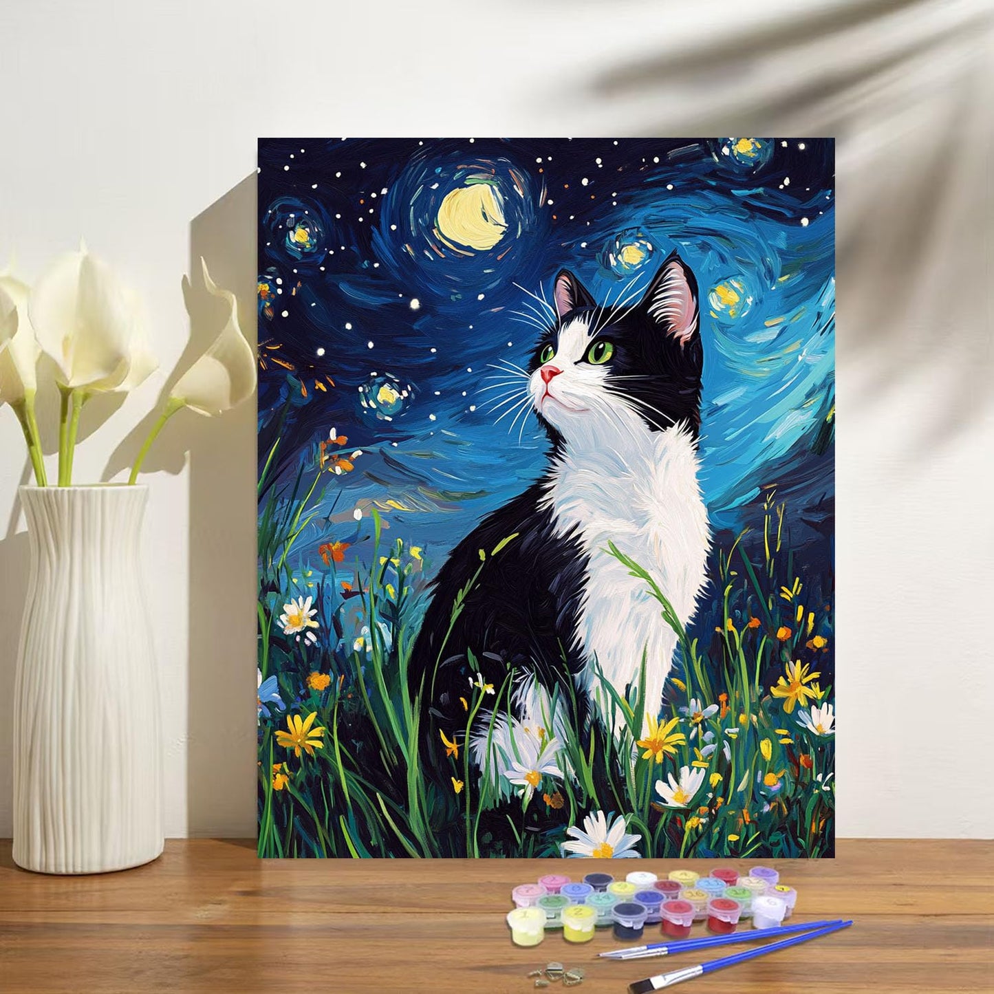 obterie Starry Night Paint by Numbers Kit for Adults Beginner Cat Oil Painting Kit Adult Paint by Number Kits on Canvas DIY Painting for Beginners Art by Numbers for Gifts Home Wall Decor 16x20 Inch