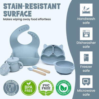 Baby Feeding Essentials, Baby Led Weaning Supplies, Silicone Baby Feeding Set, with Baby Spoon, Fork, Baby Bib, Sippy Cup, Suction Plate, Suction Bowl, Baby Eating Essentials, 6+ Months (Dusty Blue)