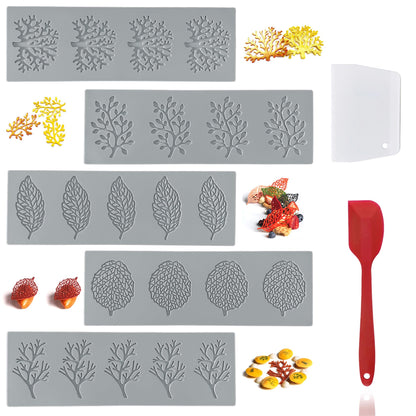 7Pcs Leaf Silicone Fondant Molds with Dough Scraper Silicone Spatula, 3D Coral Branch Leaf Chocolate Molds, DIY Baking, Sugar Craft, Wax, Gum Paste, Cupcakes, Clay