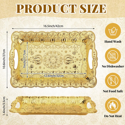 LemonRoad 6 Packs Plastic Gold Serving Trays with Handles 17 x 11 inch Retro 3D Embossed Rectangle Reusable Party Snack Decorative Serving Trays for Tea Coffee Fruit Dessert