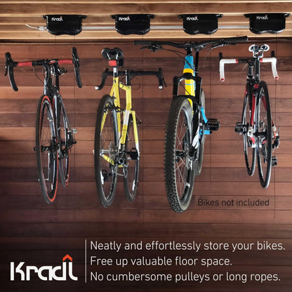 Kradl 2-Pack (40 Pound / 40 Pound). Ceiling Mount Bike Lift and Rack. Bicycle Storage Hoist Without Electricity, Clumsy Ropes or Pulleys.