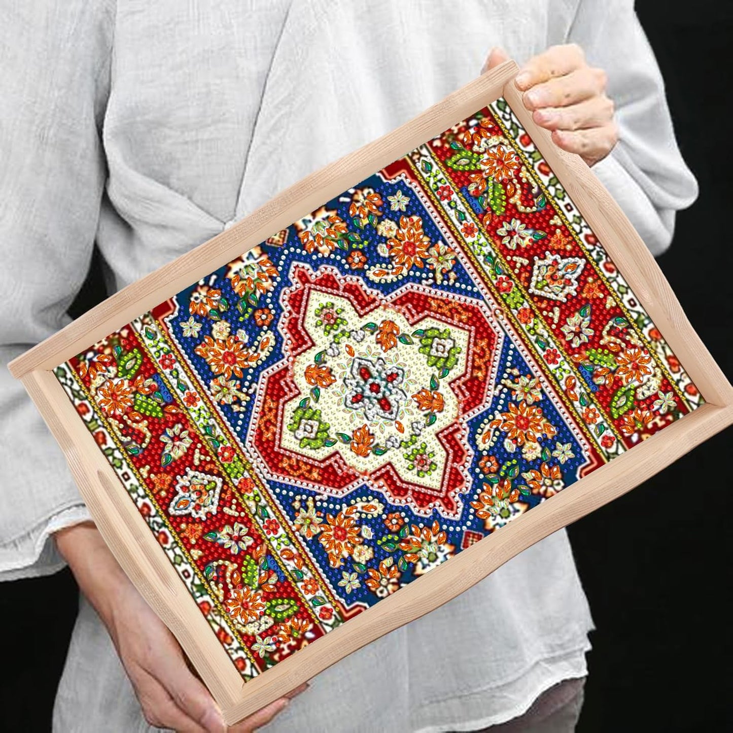 DOTSOPS 5D Diamond Art Kits for Adults Wooden Serving Tray with Handle Special Diamond Painting Plate Big Gem Dots Paint by Numbers Crafts Kits for Living Room Mandala 12 x 16 Inches