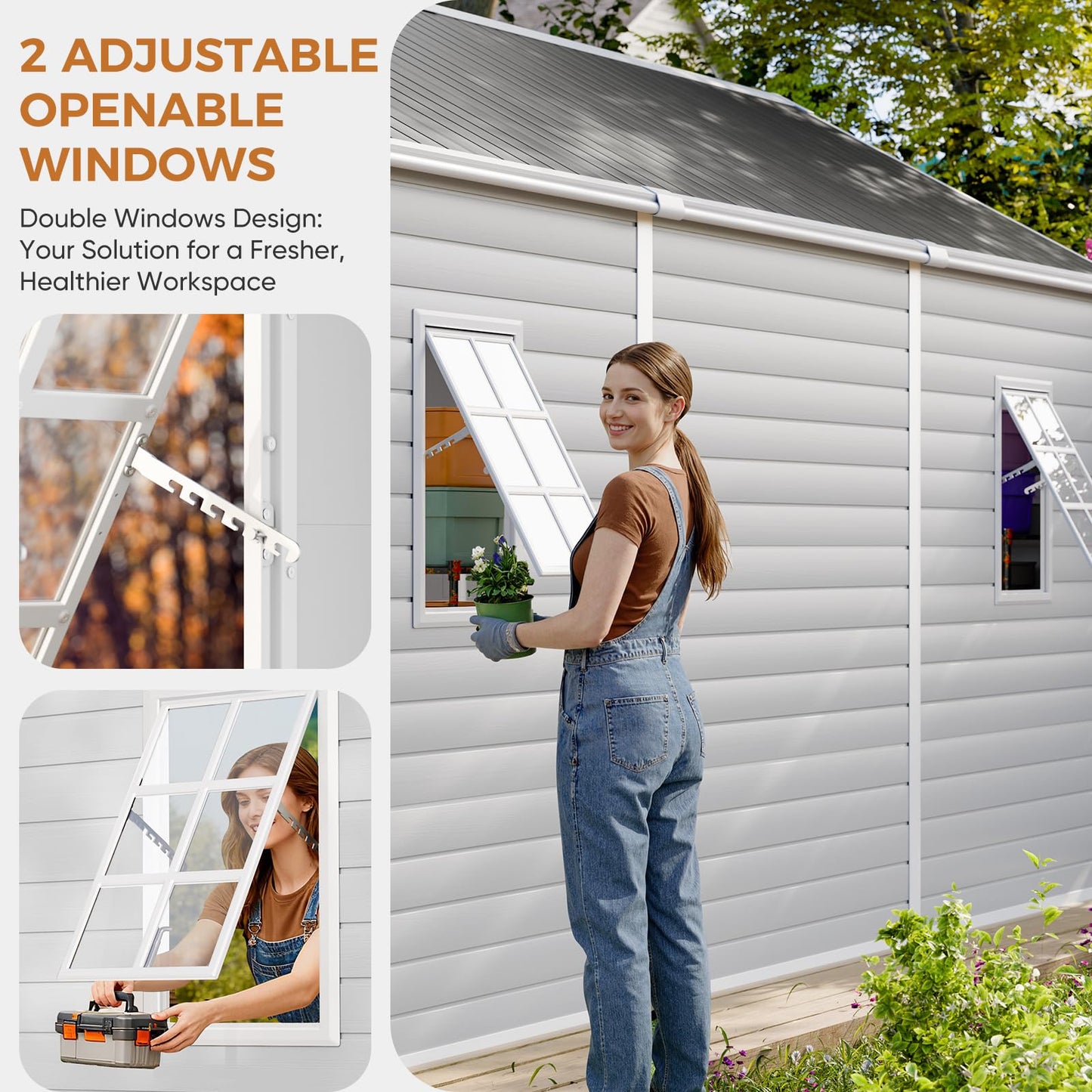 CDCASA Resin Storage Shed 8x14 FT, Waterproof Outdoor Sheds Heavy Duty Aluminum Frame Outside Plastic Tool Shed with Adjustable Openable Windows, Lockable Door for Backyard, Garden, Lawn, Dove Grey