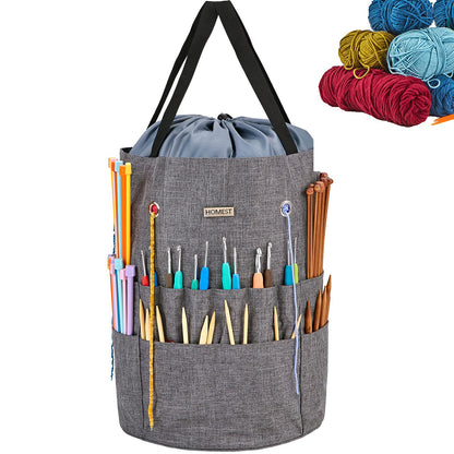 HOMEST Large Crochet Bag with Customized Front Compartment for Knitting Accessories, Yarn Storage with 6 Oversized Grommets, Tote Organizer with Drawstring Closure, Gray