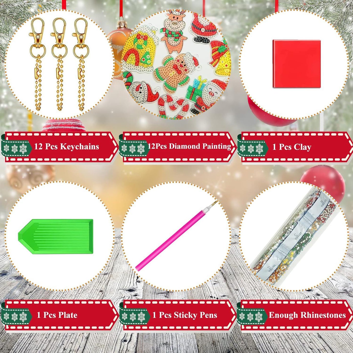 TSJ 12 PCS Christmas Diamond Painting Keychains DIY Diamond Art Ornaments Christmas Hanging Diamond Painting Kits