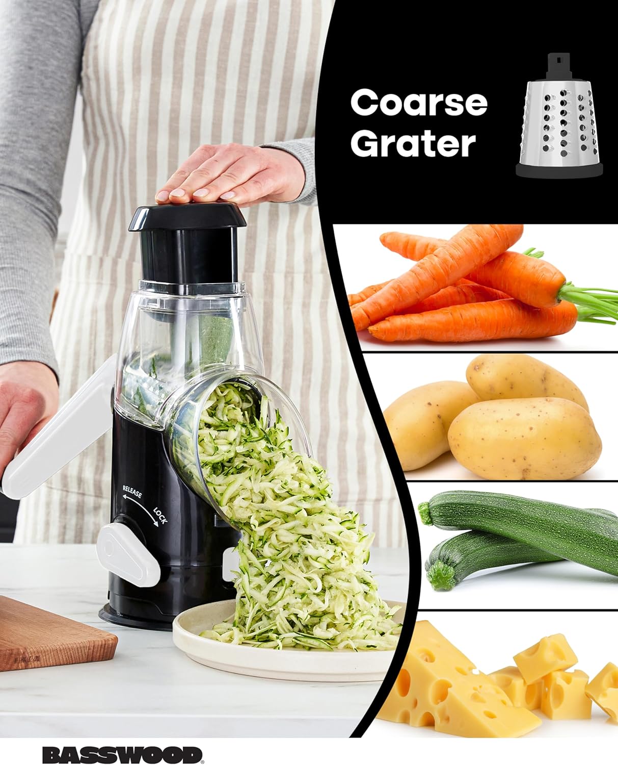 BASSWOOD Rotary Cheese Grater with Handle - Mandoline Slicer and 3 Stainless Steel Drum Blades (Black)