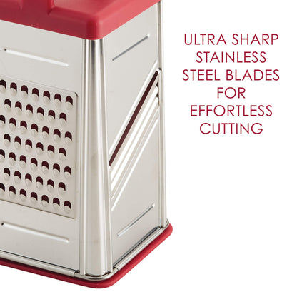 Rachael Ray Tools and Gadgets Stainless Steel Box Grater for Vegetables, Chocolate, Hard Cheeses, and more, Red(9.43 x 8.84 x 8.06 inches)